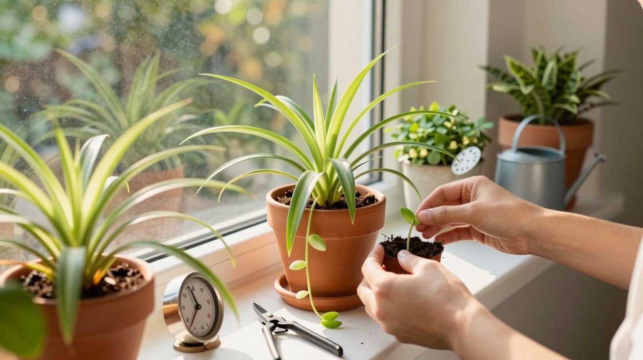 Mãos a transplantar uma muda em vaso de barro junto de várias plantas num peitoril de janela iluminado.