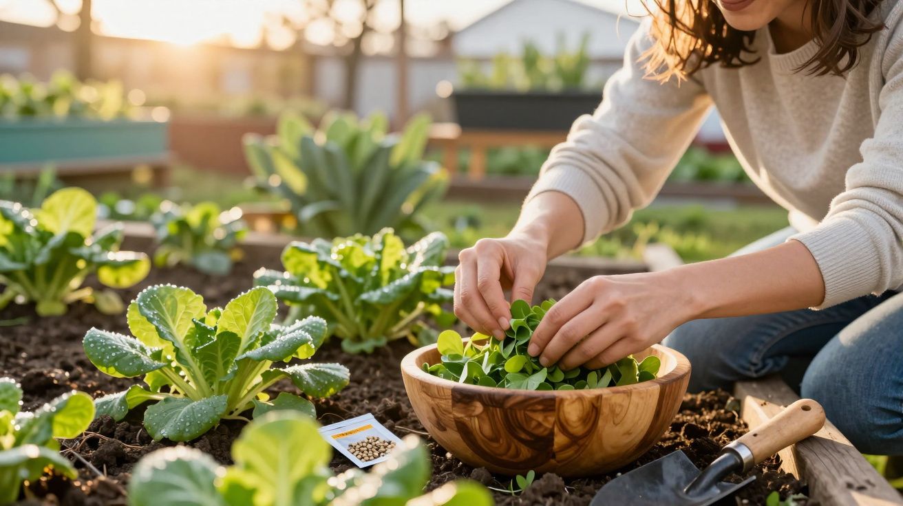Pessoa a colher folhas verdes numa horta urbana ao pôr do sol com ferramentas e sementes próximas.
