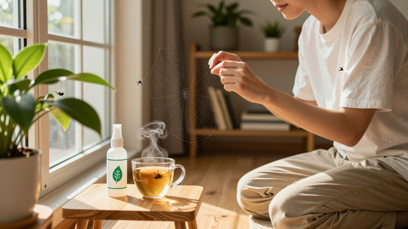 Pessoa removendo teia de aranha perto de chá quente numa mesa com planta junto a janela iluminada.