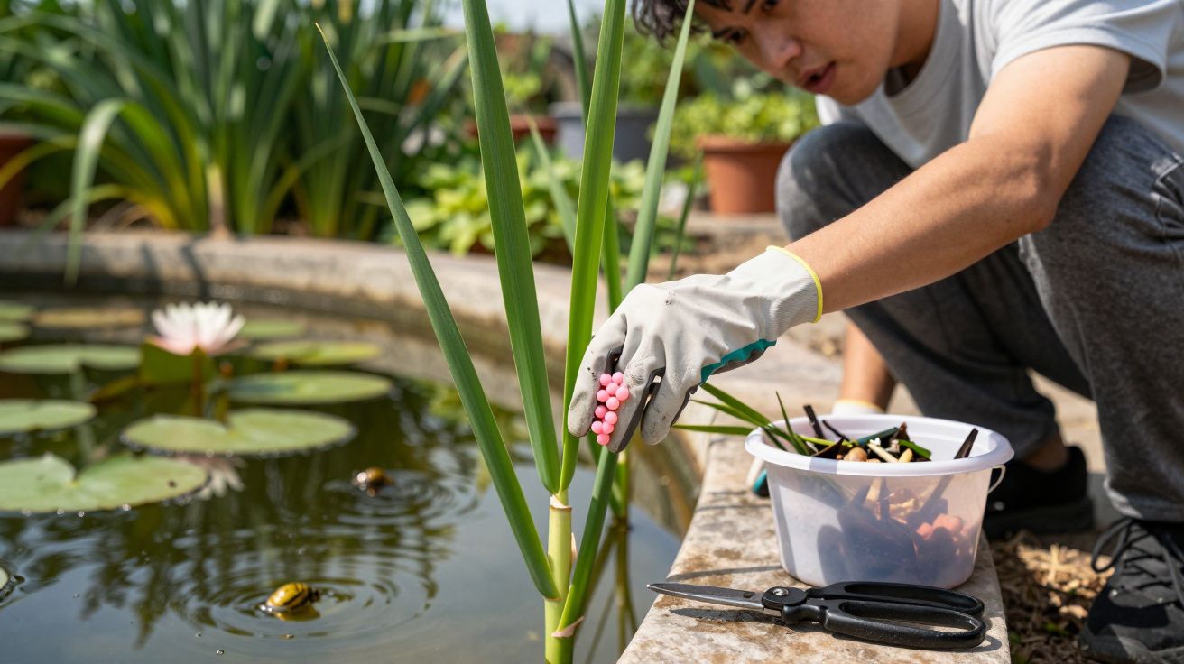 Pessoa com luva a colocar ovos rosas perto de uma lagoa com nenúfares e rãs, ao lado de tesoura e recipiente.