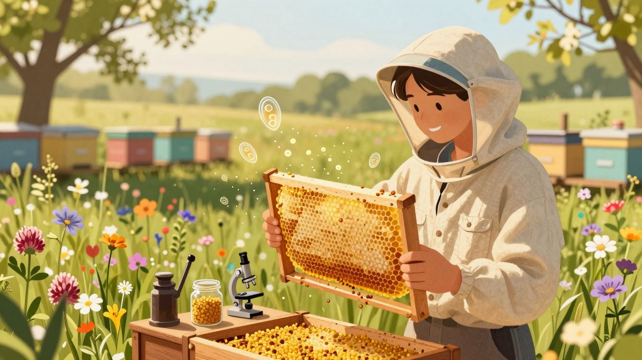 Pessoa com fato de apicultor a segurar uma estrutura de favo de mel num campo florido com colmeias ao fundo.