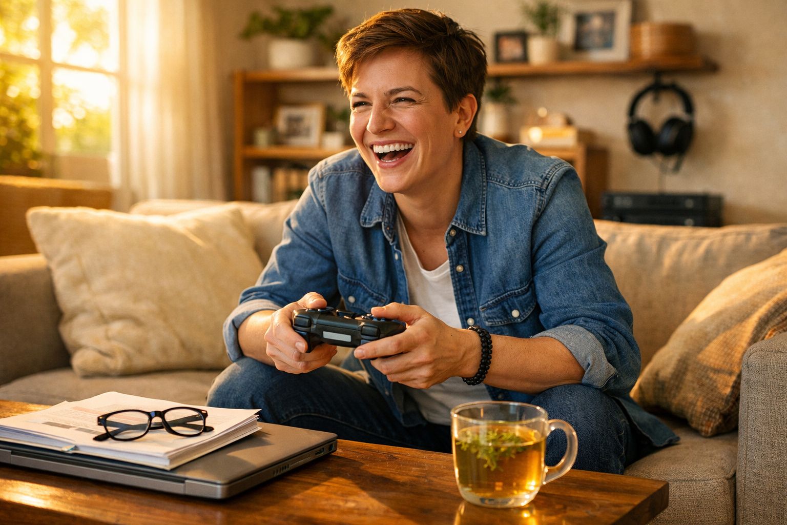Pessoa sorridente a jogar videojogos sentada num sofá com chá numa mesa à frente.