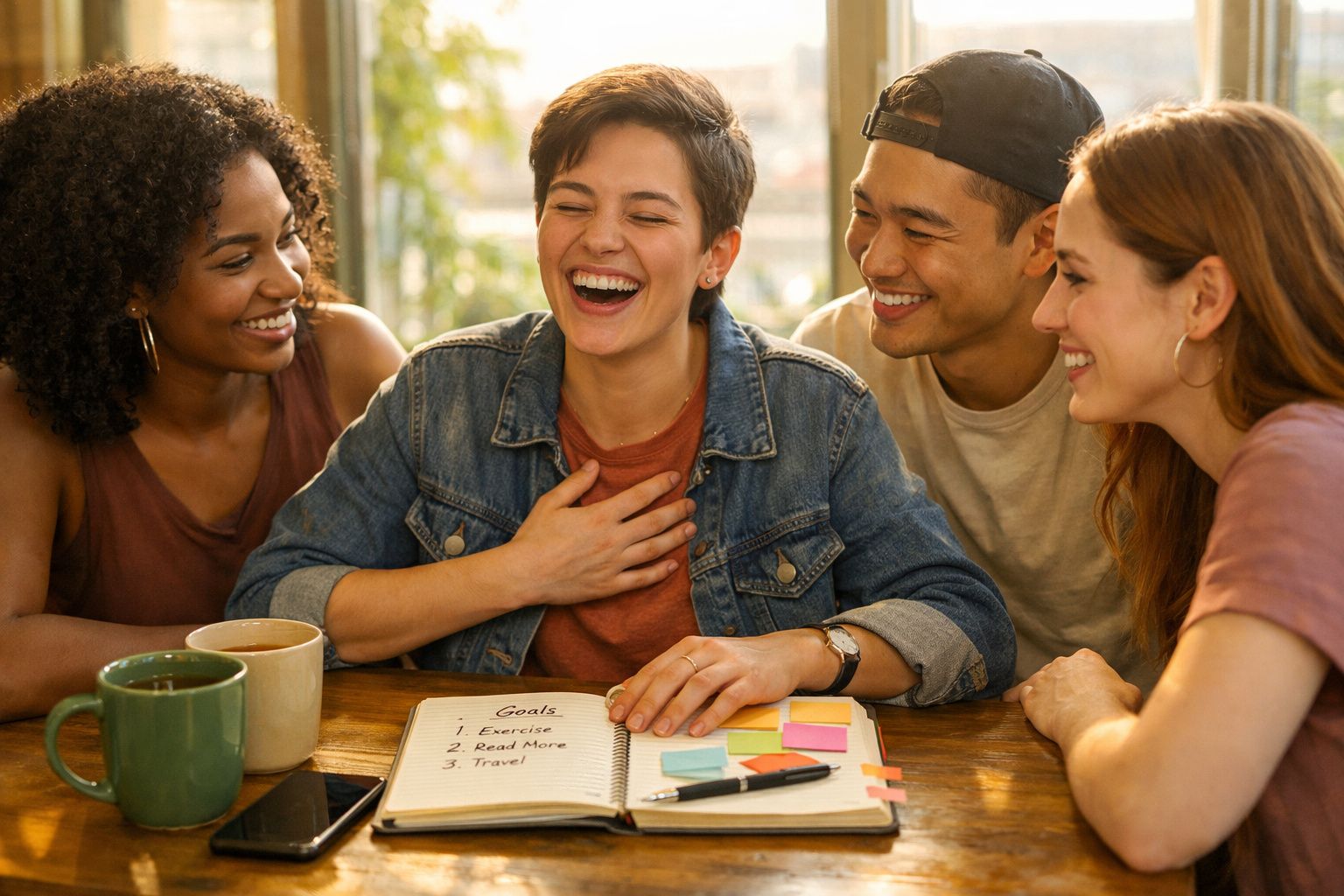 Grupo de quatro amigos sorrindo e conversando à mesa com caderno de objetivos e chá quente.