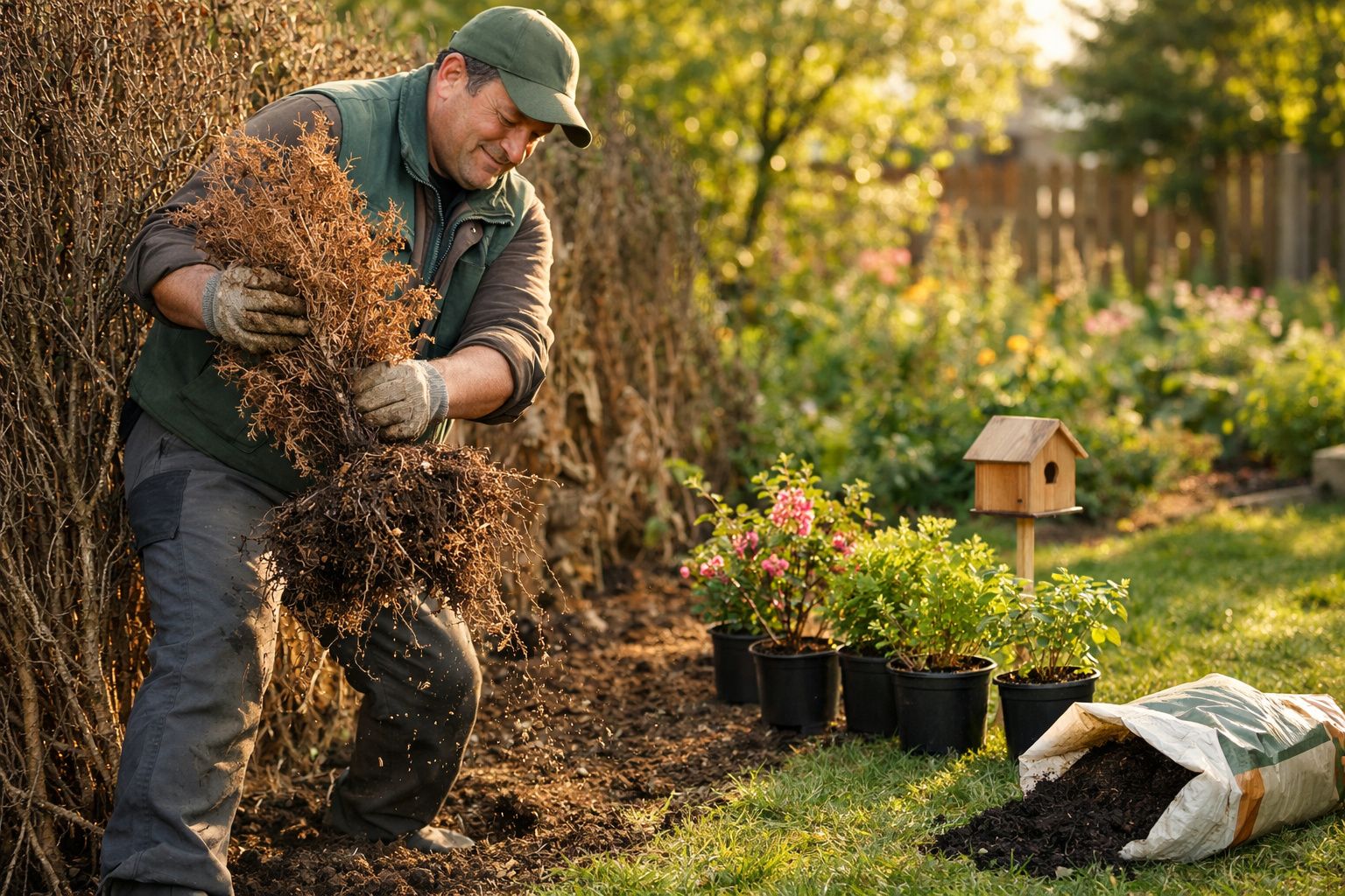 Homem a retirar planta seca de uma sebe num jardim com vasos e casinha para pássaros ao fundo.