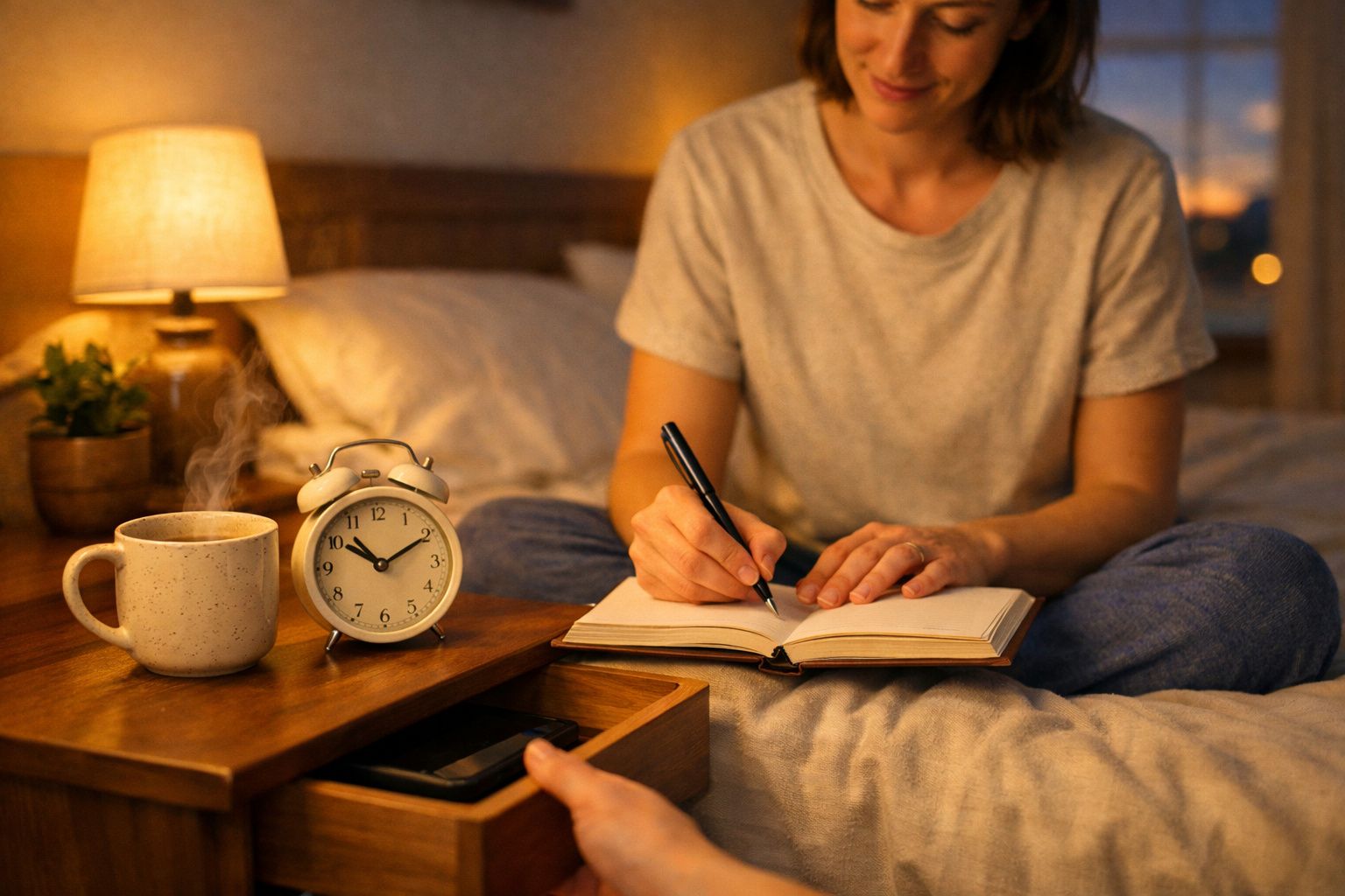 Mulher sentada na cama a escrever num caderno, com relógio despertador e chá quente numa mesa de cabeceira iluminada.
