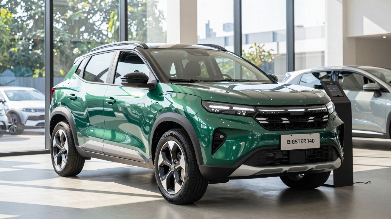 SUV verde Bigster 140 exposto em showroom com janelas amplas e outro carro branco ao fundo.