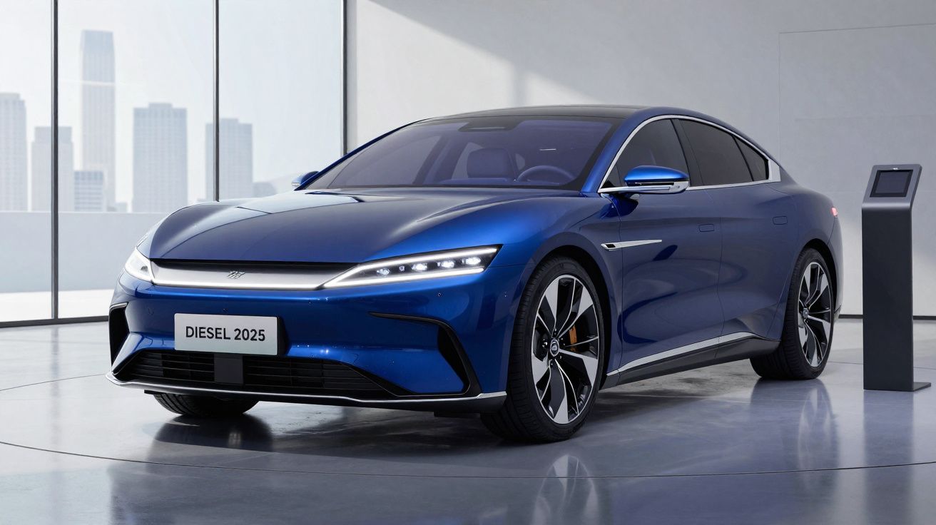 Carro elétrico azul moderno estacionado num espaço interior com paredes brancas e janelas amplas.