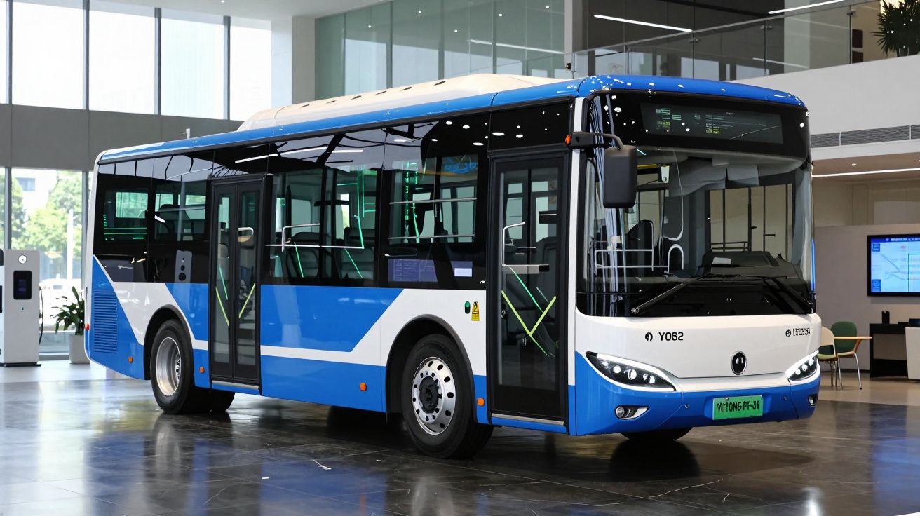 Autocarro urbano elétrico azul e branco estacionado no interior de um edifício moderno.
