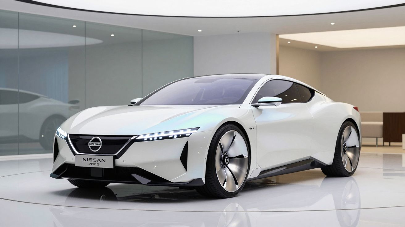 Carro elétrico Nissan branco de design futurista em exposição interior moderna e minimalista.