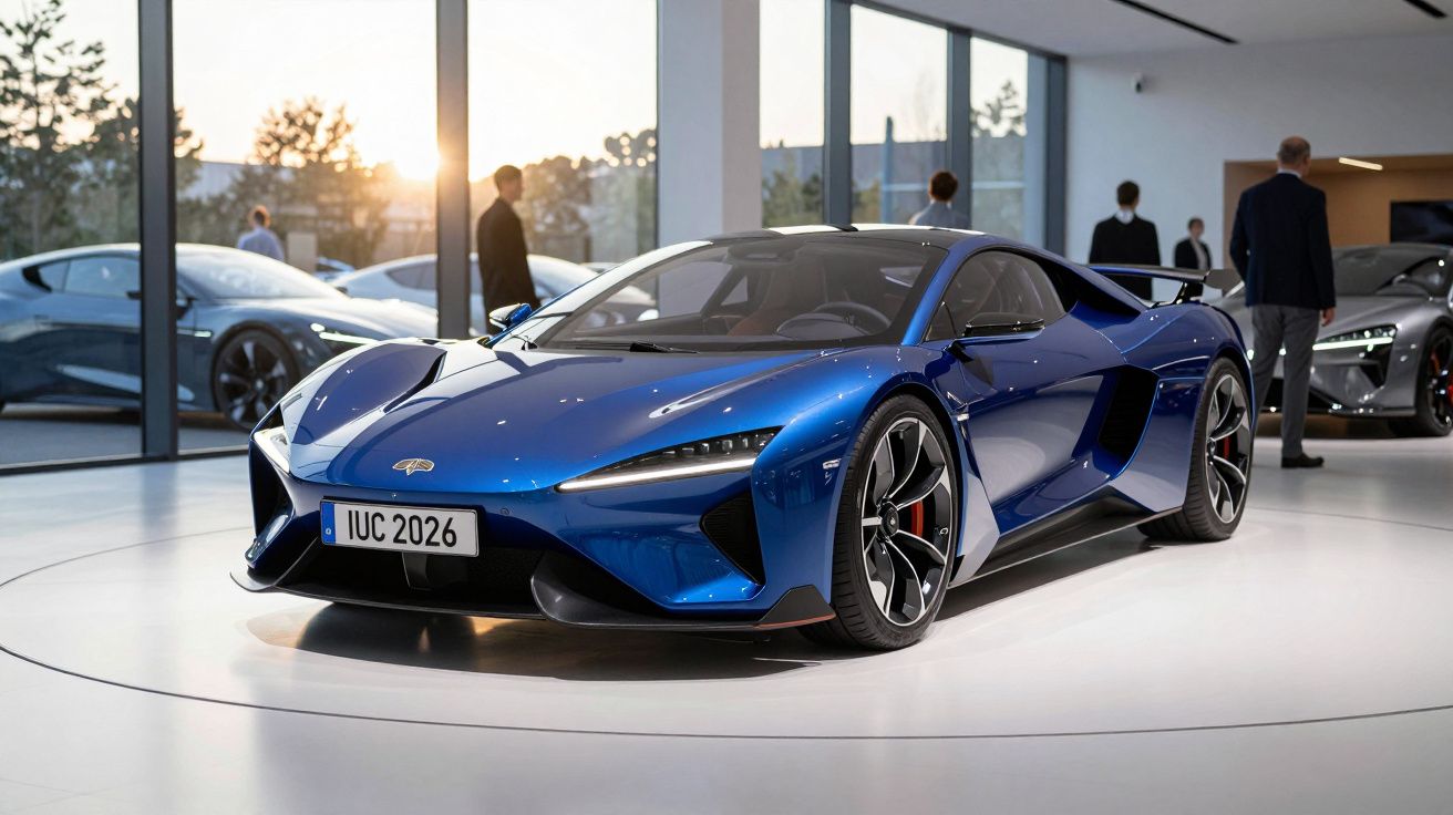 Carro desportivo azul em exposição numa sala com chão branco e várias pessoas ao fundo.