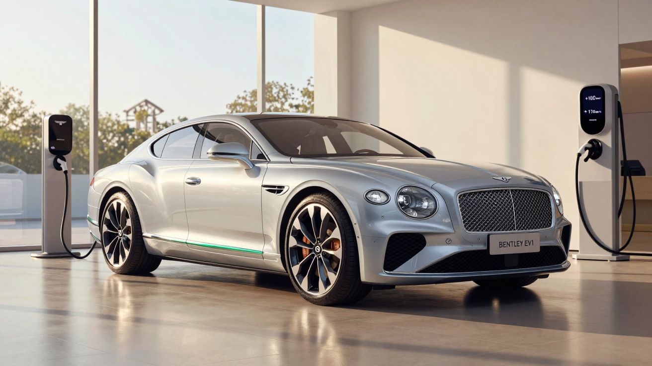 Carro elétrico Bentley EVI prata a carregar numa garagem moderna e espaçosa com grandes janelas.