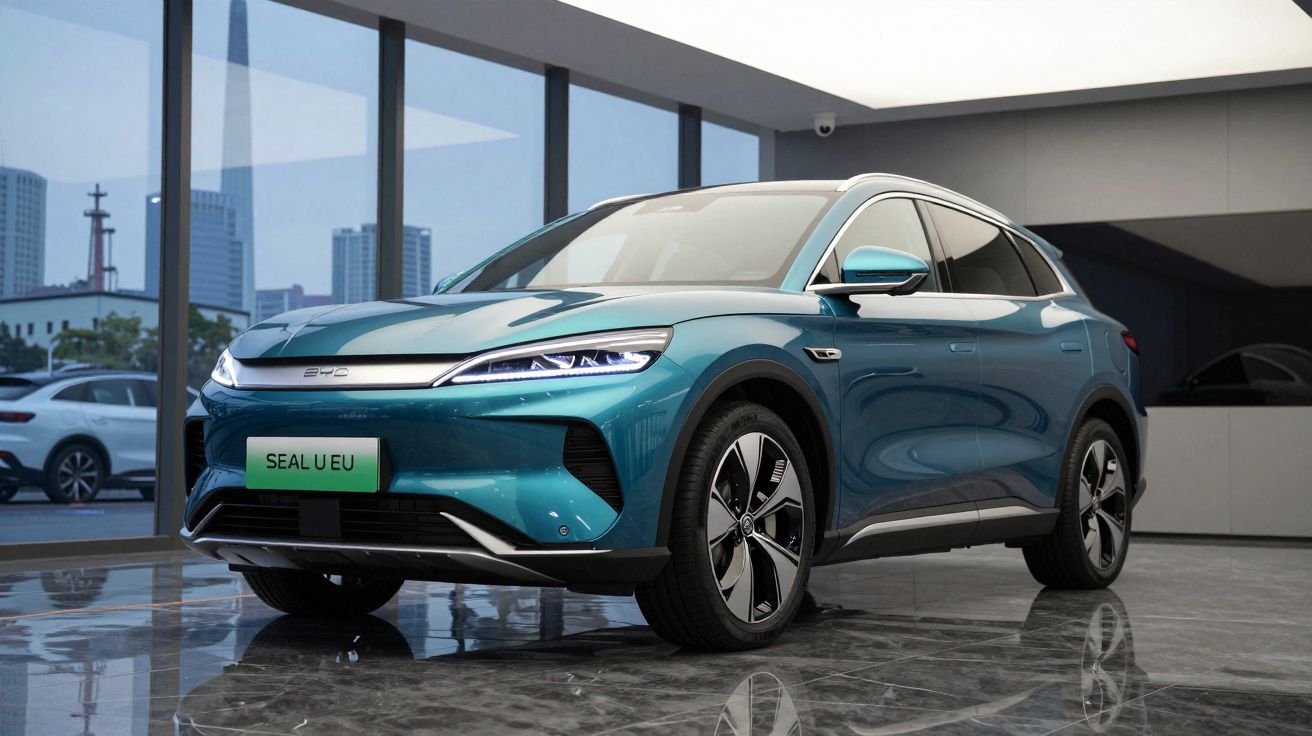 Carro elétrico SUV BYD Seal U EU azul numa sala com janelas panorâmicas e chão em mármore.