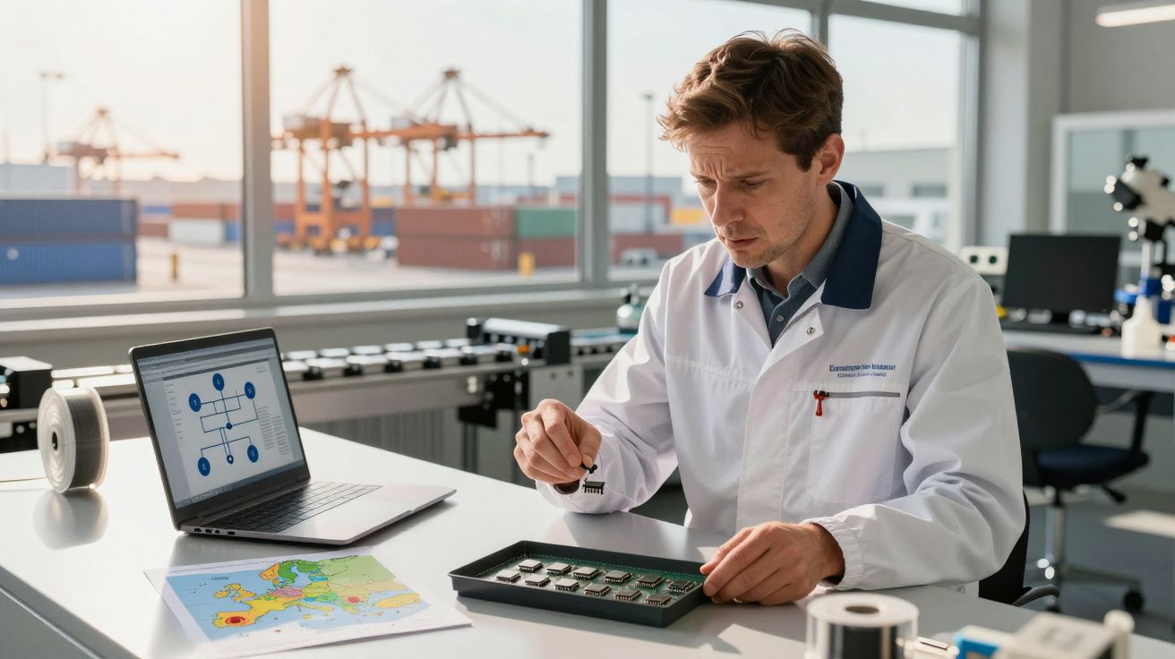 Homem em bata branca a analisar circuitos eletrónicos num laboratório com computador e mapa na mesa.