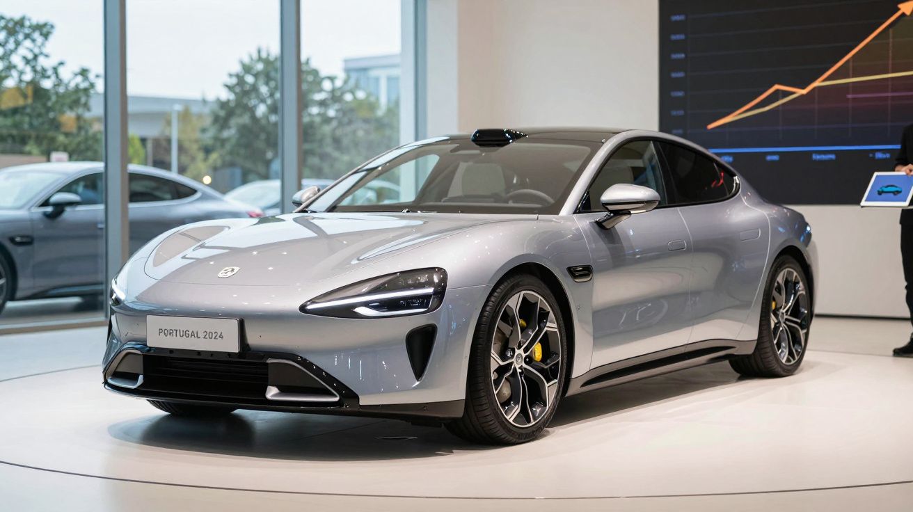 Carro elétrico desportivo cinza prateado exposto em salão com gráfico de crescimento digital ao fundo.