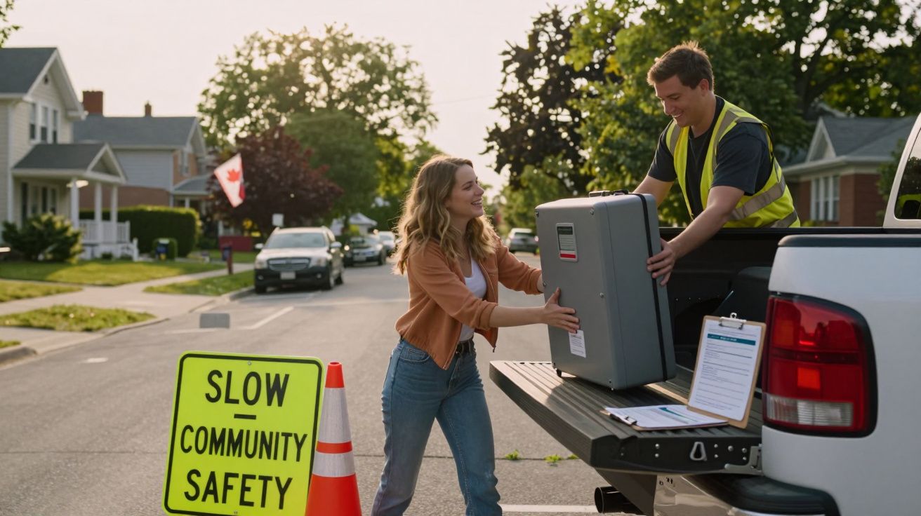 Homem e mulher a transportar mala do banco para a mala de uma carrinha numa rua residencial calma.
