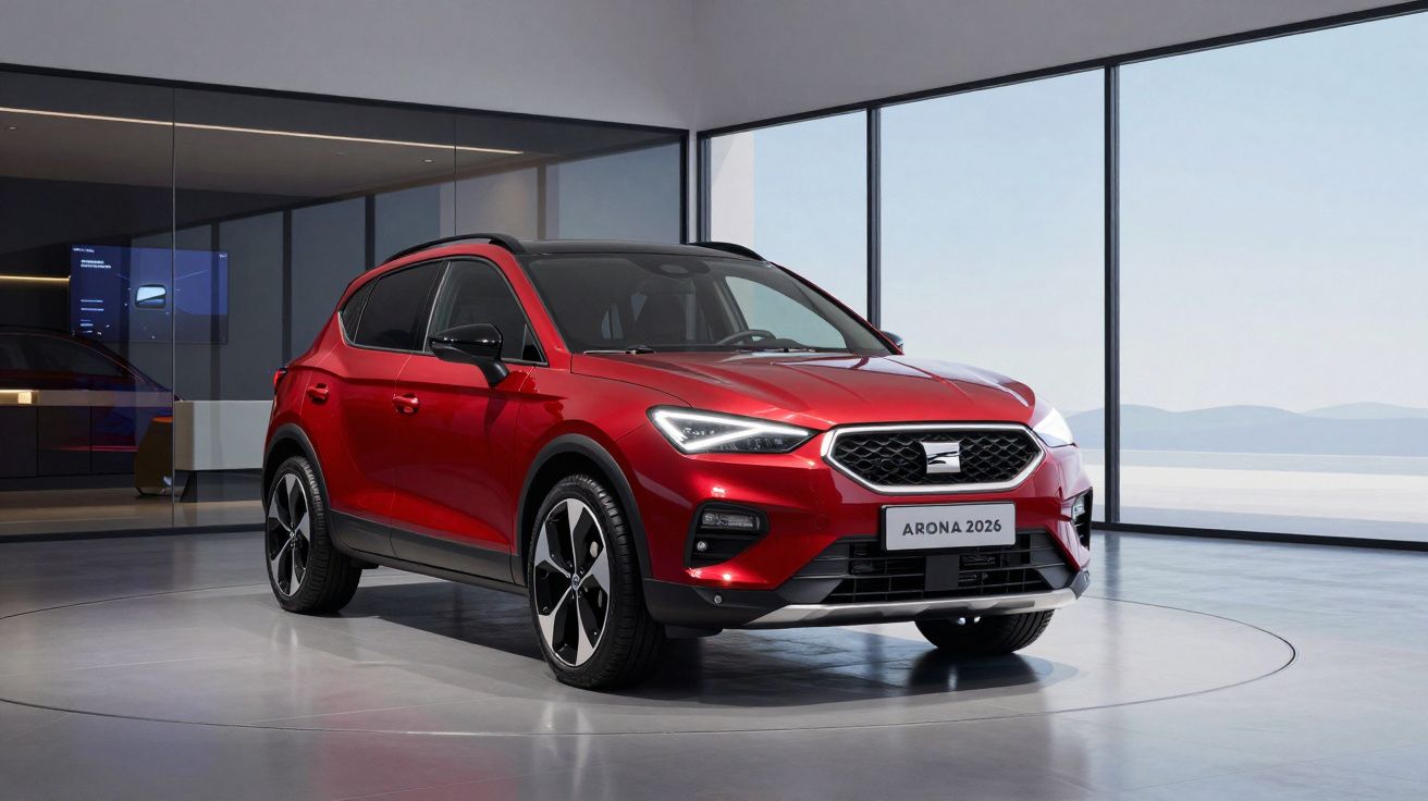 Carro SUV SEAT Arona 2026 vermelho em exposição numa sala moderna com grandes janelas.