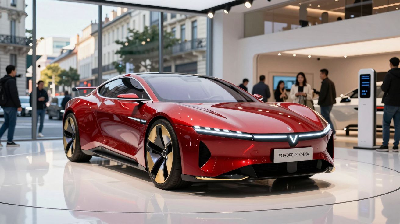 Carro desportivo elétrico vermelho num salão automóvel moderno com pessoas a observar ao fundo.