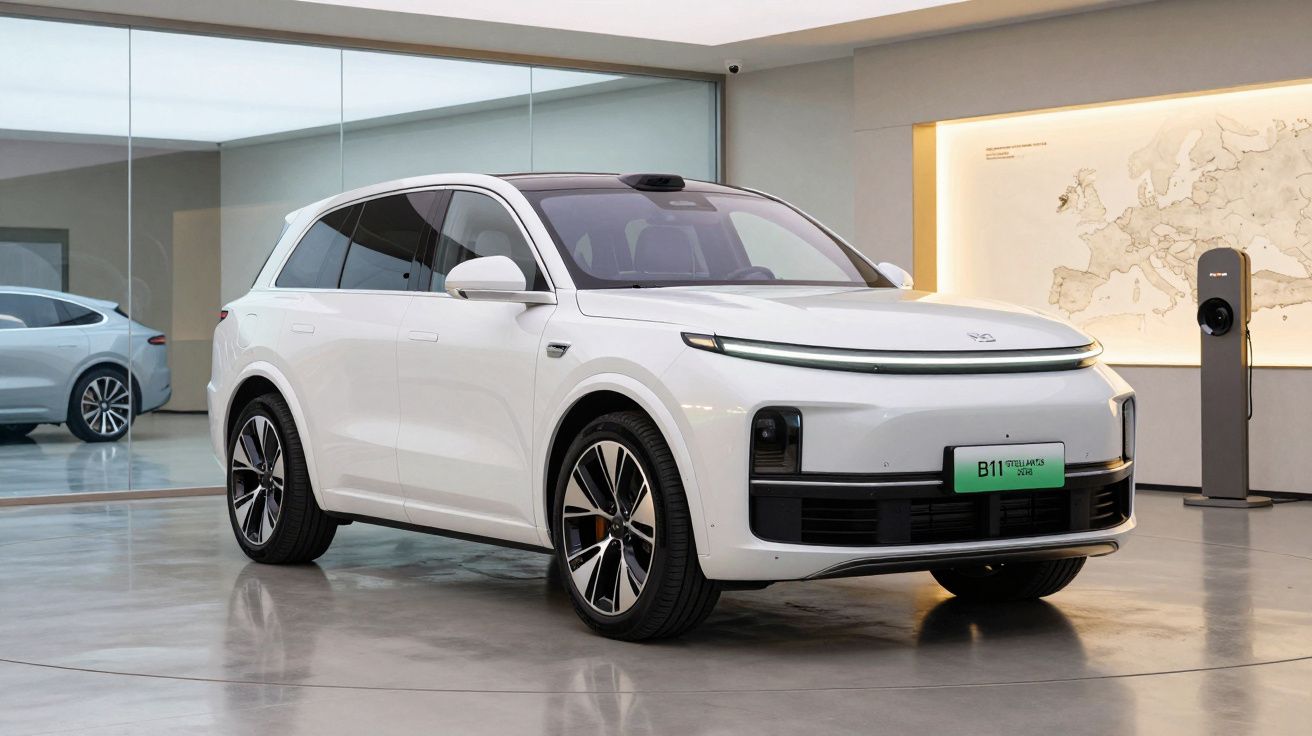 SUV elétrico branco estacionado em interior moderno, com chão polido e recarga elétrica ao fundo.