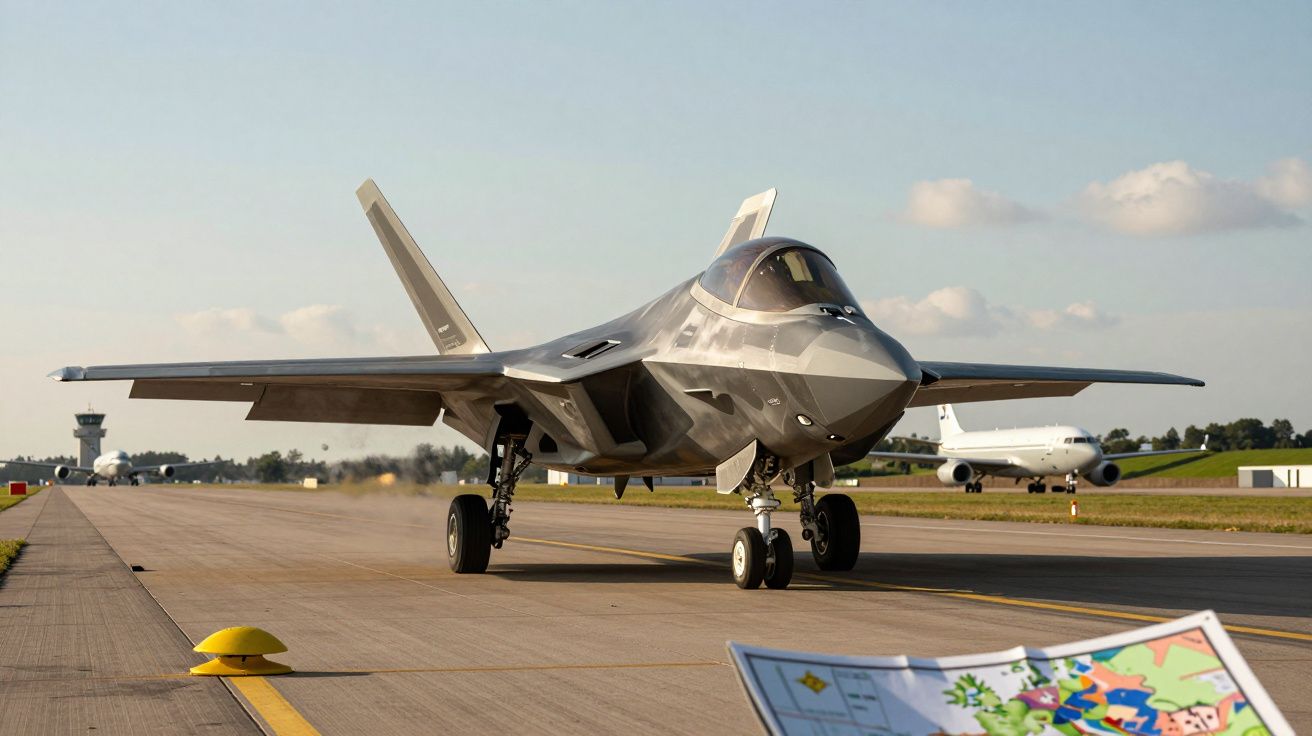 Caça furtivo militar estacionado numa pista de aeroporto, com aviões e torre ao fundo.