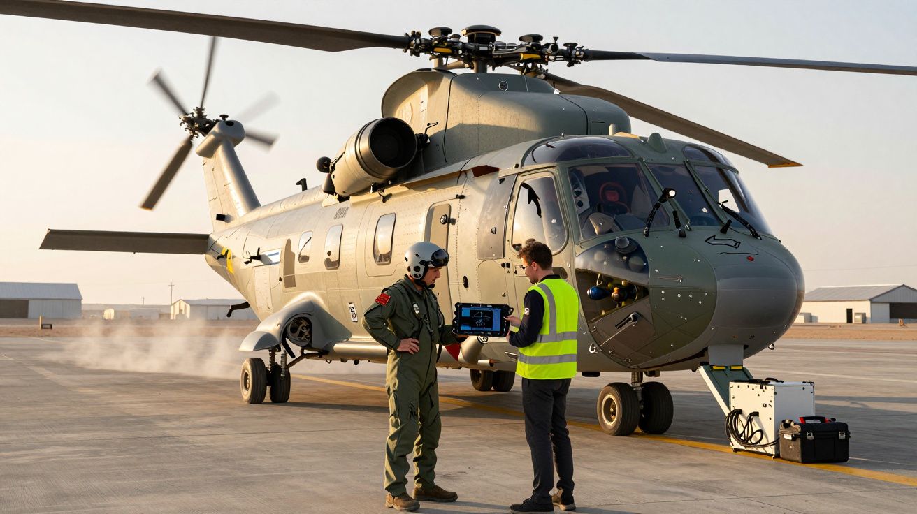 Helicóptero militar estacionado no solo com dois técnicos a analisar dados em tablet junto à cabine.