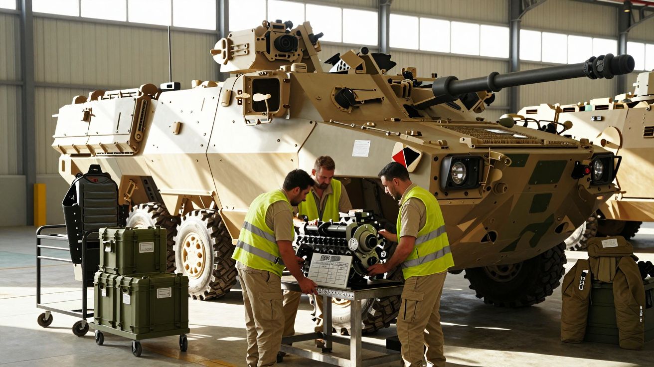 Três homens de colete refletor trabalham num motor junto a um veículo militar blindado cor areia numa oficina.