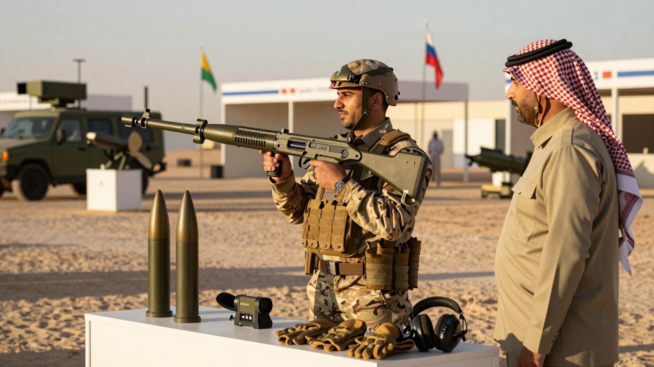 Militar em uniforme tático segura arma em exposição ao ar livre, com homem vestido tradicional ao lado, em área desértica.