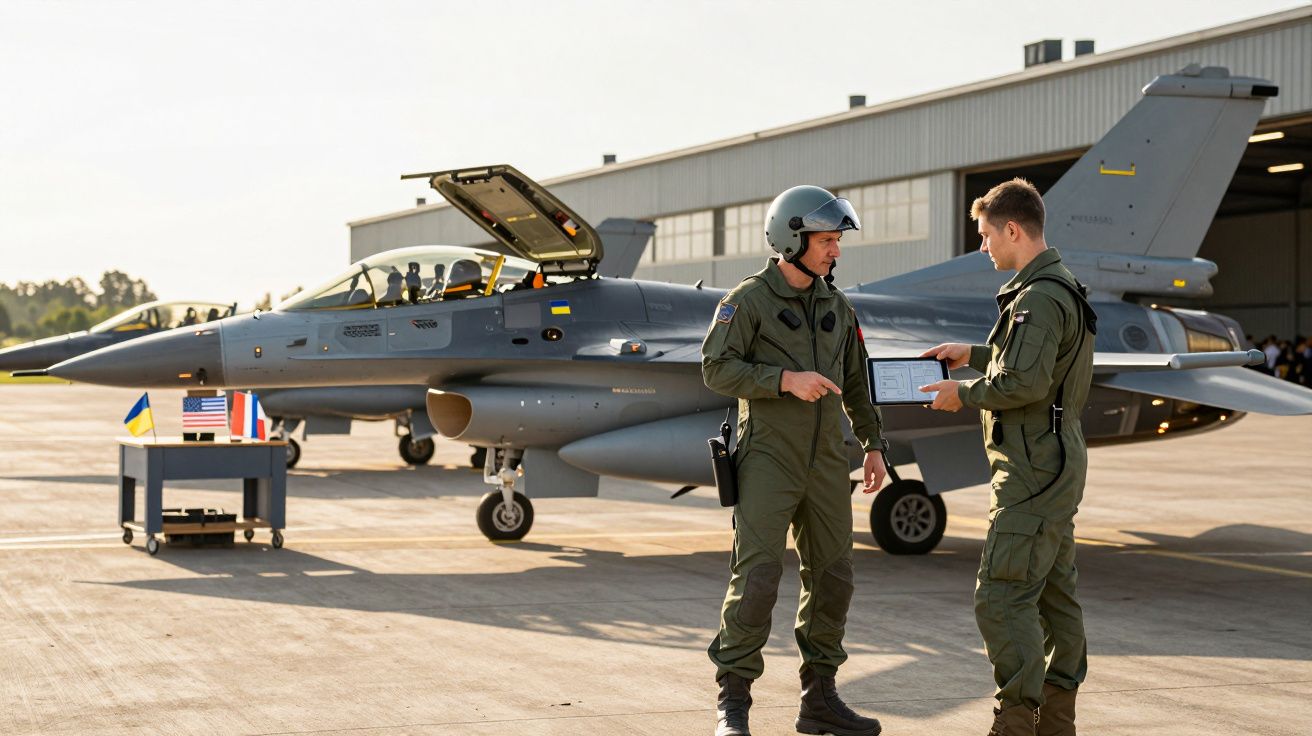 Dois pilotos militares em uniforme verde conversam junto a um caça estacionado num aeródromo ao pôr do sol.