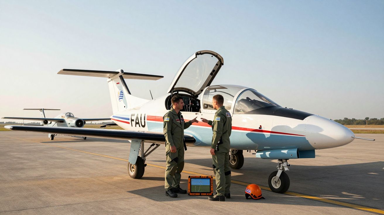 Dois militares da força aérea junto a avião de treinamento no aeroporto ao ar livre ao entardecer.