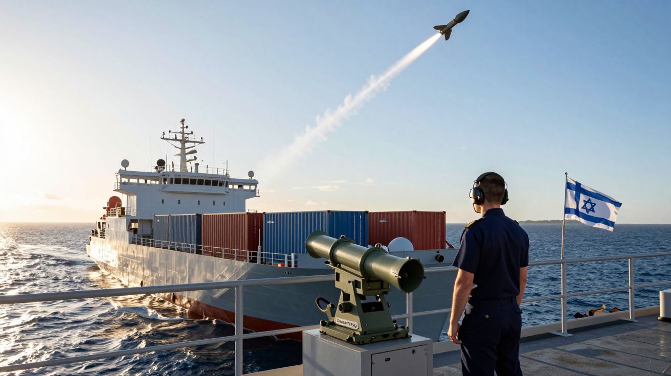 Militar em navio de guerra observa míssil lançado em direção a navio de carga com bandeira de Israel no mar.