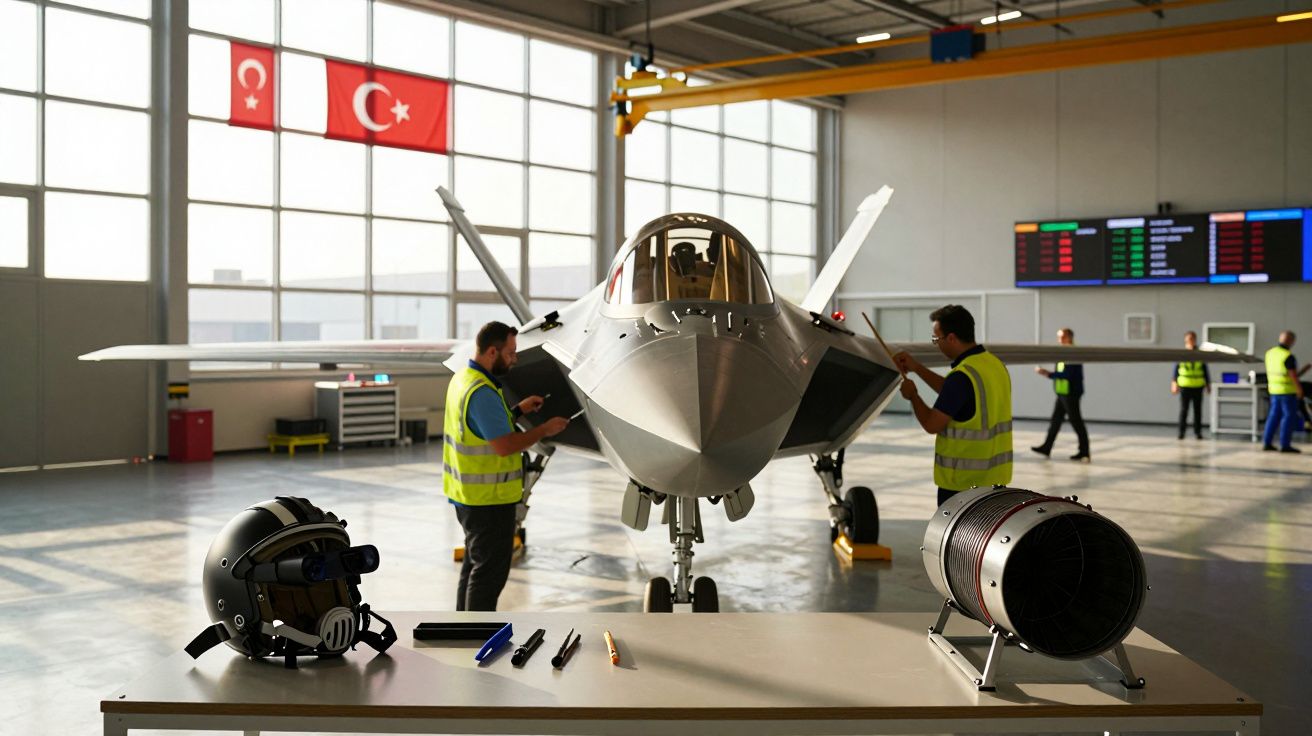 Caça furtivo estacionado numa oficina com técnicos a fazer manutenção, capacete e motor em primeiro plano.