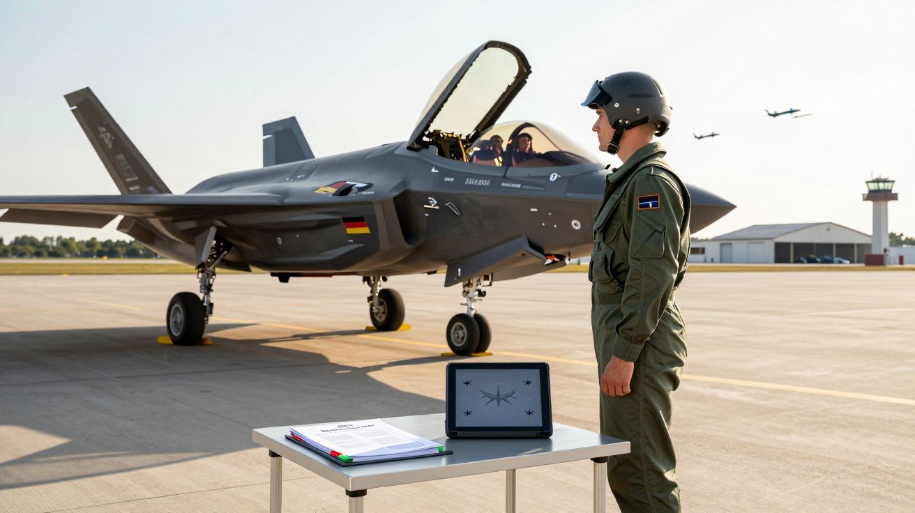Piloto militar ao lado de caça furtivo estacionado, mesa com documentos e tablet num aeródromo.