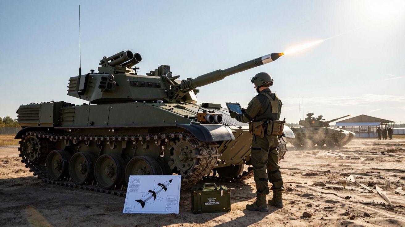 Soldado com tablet ao lado de tanque militar a disparar míssil em terreno arenoso ao pôr do sol.