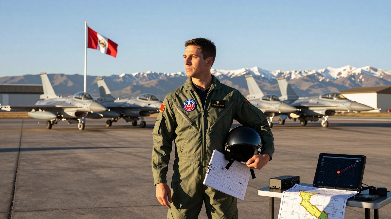 Piloto militar na pista com avião de caça, segurando capacete e mapas, com bandeira do Peru ao fundo.