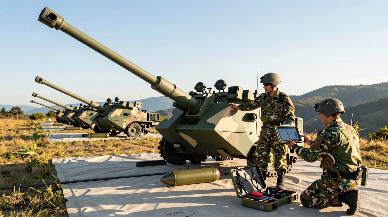 Dois militares analisam a artilharia autopropulsada em fila, ao ar livre, com montanhas ao fundo.