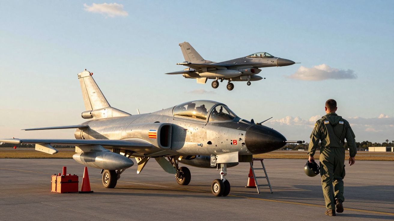 Avião militar estacionado, jato a descolar e piloto na pista em dia de céu limpo.