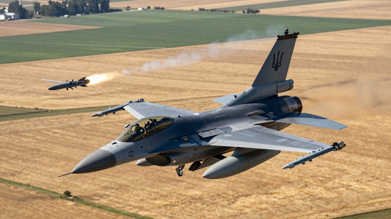 Caça militar cinzento a voar sobre campos agrícolas com míssil a ser lançado.