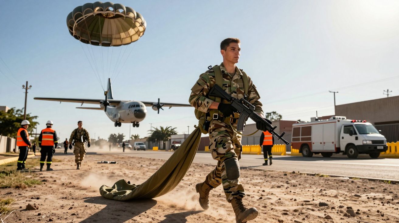 Soldado a caminhar com uniforme camuflado e arma, avião de transporte e paraquedista a aterrissar ao fundo.