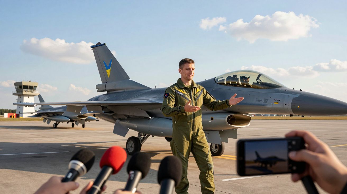 Piloto militar em fato de voo verde fala com jornalistas à frente de jato de combate estacionado na pista.