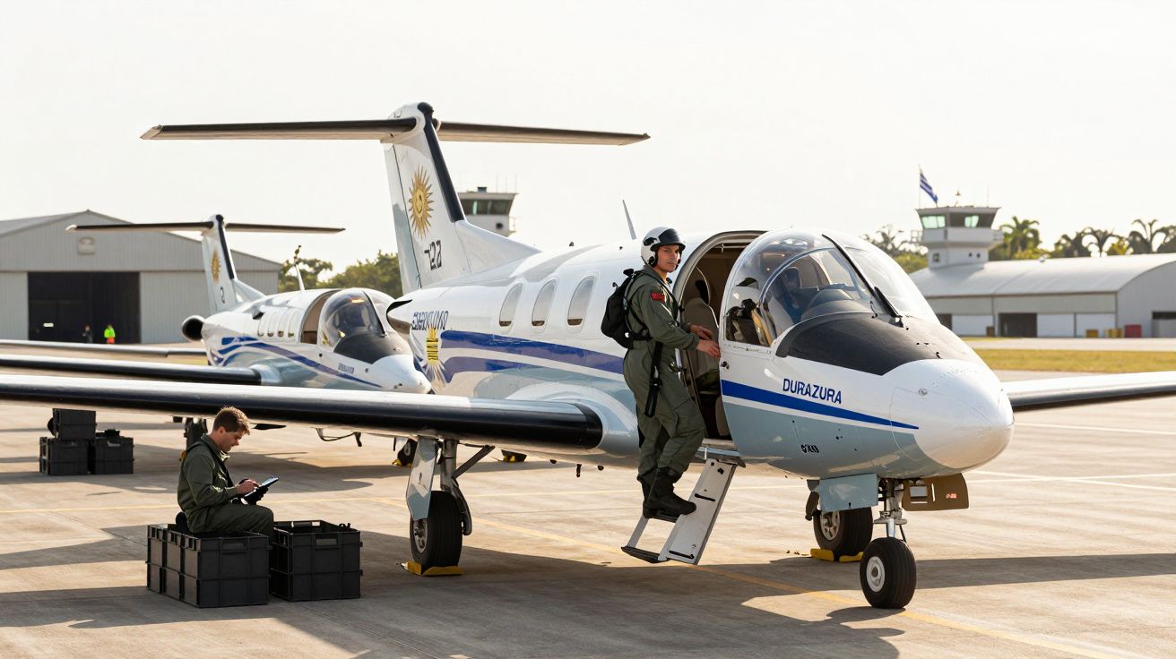 Dois aviões militares pequenos de treino com pilotos em uniforme verde no aeroporto em dia claro.