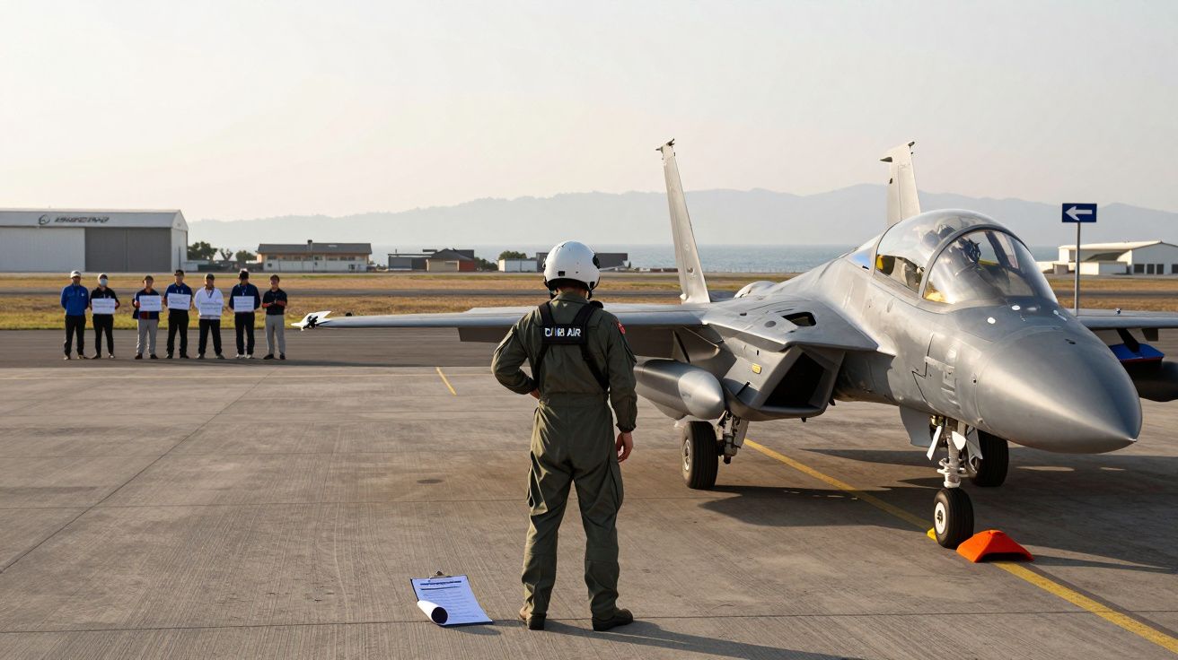 Piloto em fato de voo observa caça militar estacionado em pista de aeroporto com grupo de pessoas ao fundo.