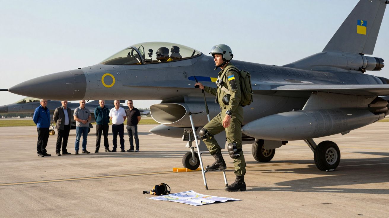 Piloto militar com uniforme verde e capacete prepara entrada num caça em pista de aeroporto com grupo de pessoas ao fundo.