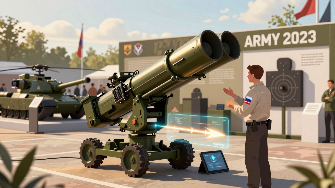 Soldado junto a arma pesada de artilharia em exposição militar ao ar livre com tanque ao fundo.