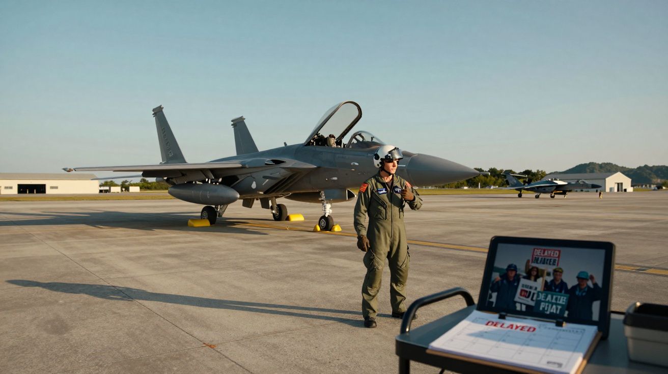Piloto militar com fato de voo junto a jato estacionado num aeroporto sob céu limpo ao entardecer.