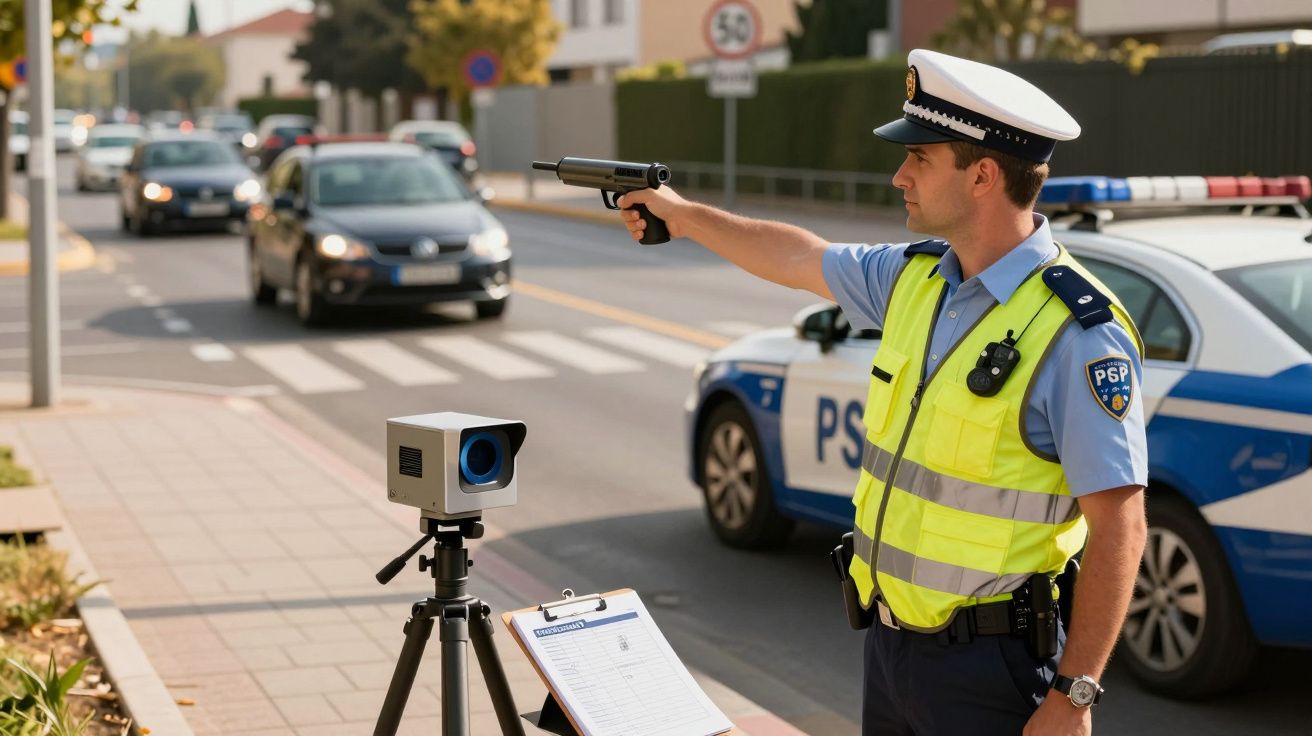 Polícia municipal com colete amarelo a usar radar para controlar velocidade de carros numa rua urbana.