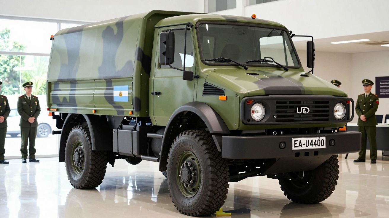 Camião militar verde com padrão de camuflagem e placas de matrícula EA-U4400, exposto em espaço interior.