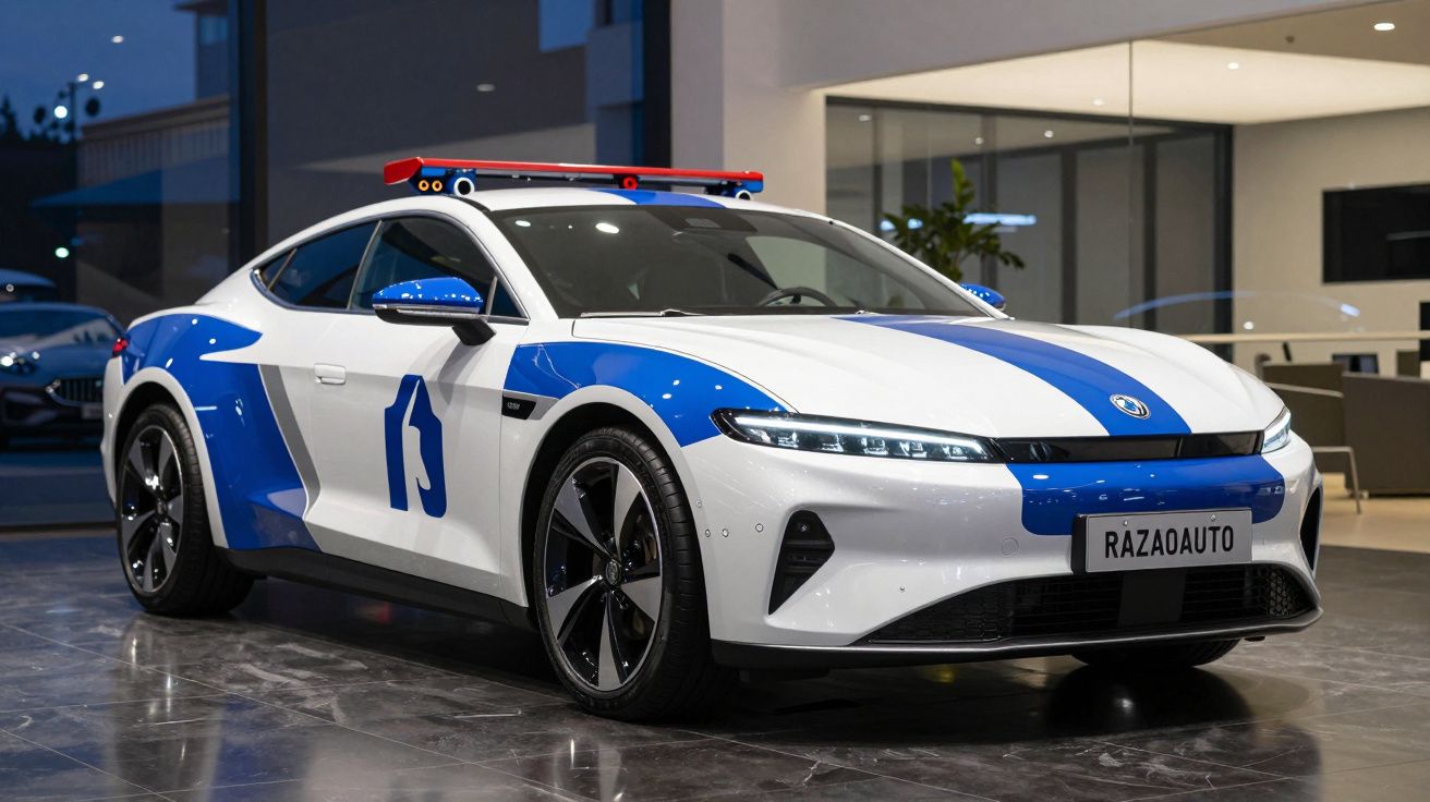 Carro desportivo elétrico branco e azul com luzes de teto vermelhas, estacionado num piso interior.