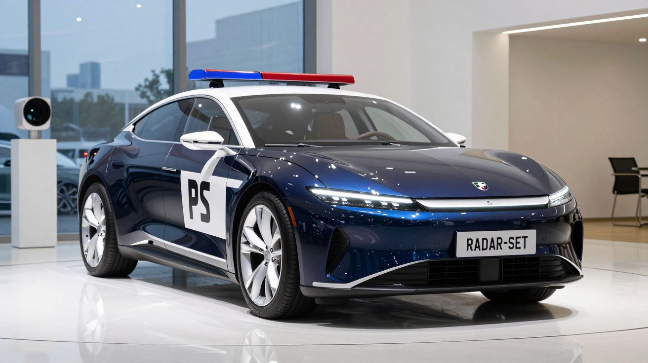 Carro policial elétrico azul escuro com luzes de sinalização no tejadilho, exibido numa sala moderna.