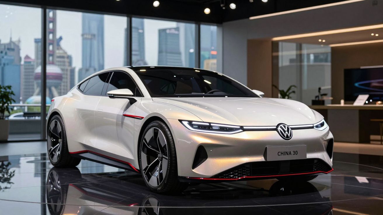 Carro desportivo elétrico Volkswagen branco exibido em showroom moderno com piso espelhado e vista urbana.