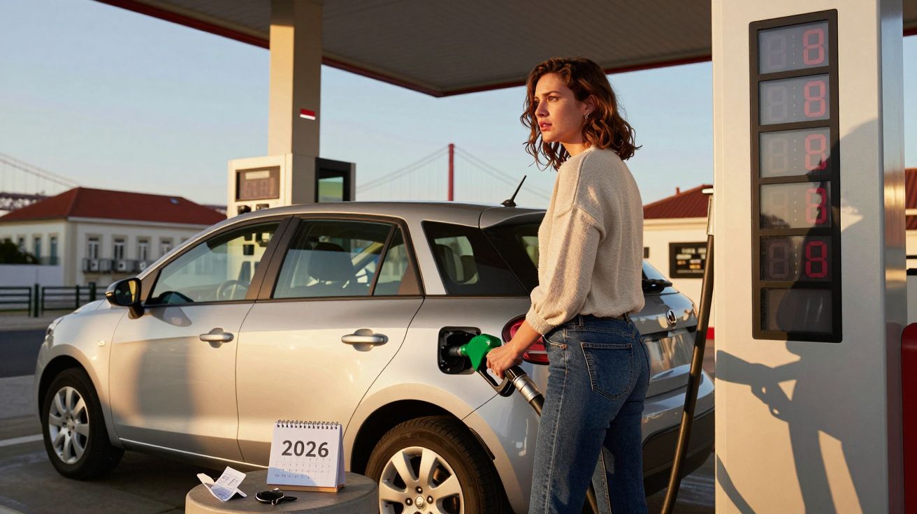 Mulher a abastecer carro numa bomba de gasolina, com calendário de 2026 e ponte ao fundo.