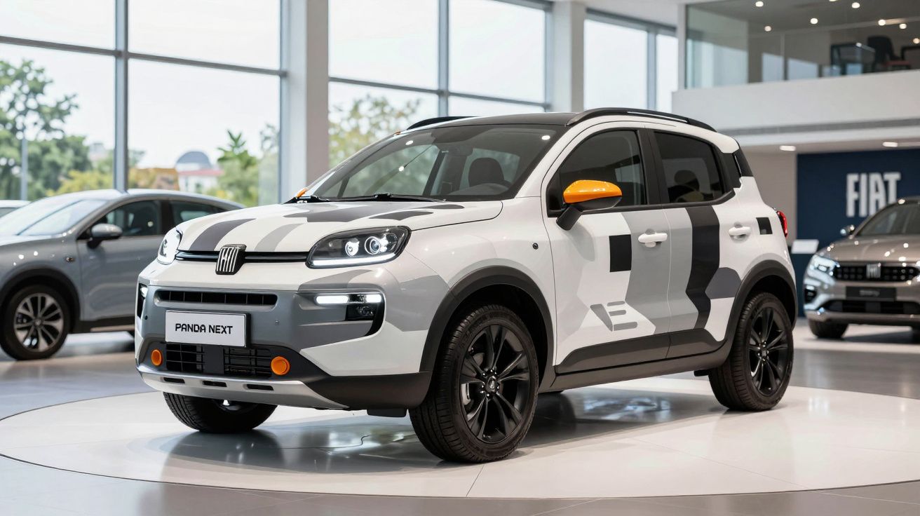 Carro Fiat Panda Next branco com detalhes cinza e espelhos laranja, exposto numa sala de vendas moderna.